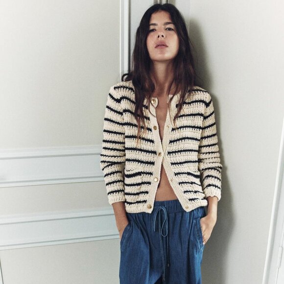 Zara women STRIPED KNIT CARDIGAN Black white stripes Gold button 6771/008 XL NWT - Picture 5 of 13